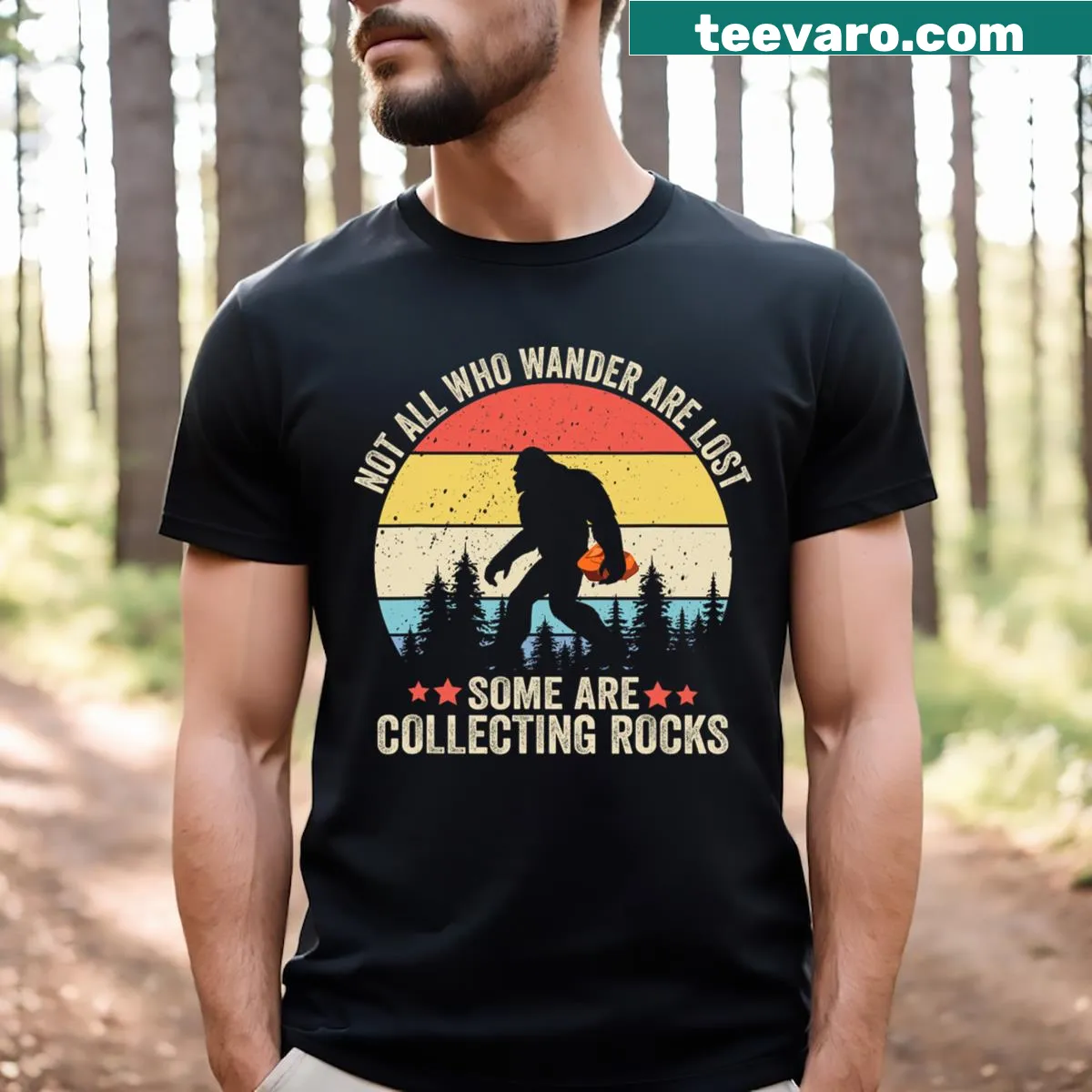 Funny Bigfoot rock collector t-shirt for geology enthusiasts — on a men's t-shirt