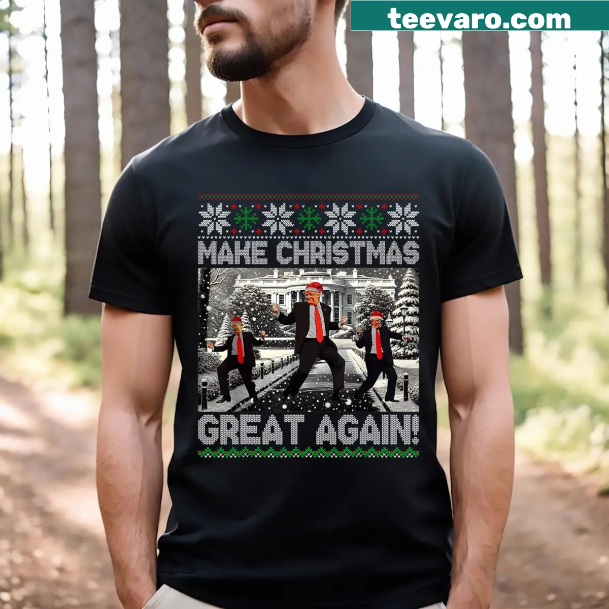 Ugly Christmas T-shirt featuring dancing Santa Trump — on a men's t-shirt