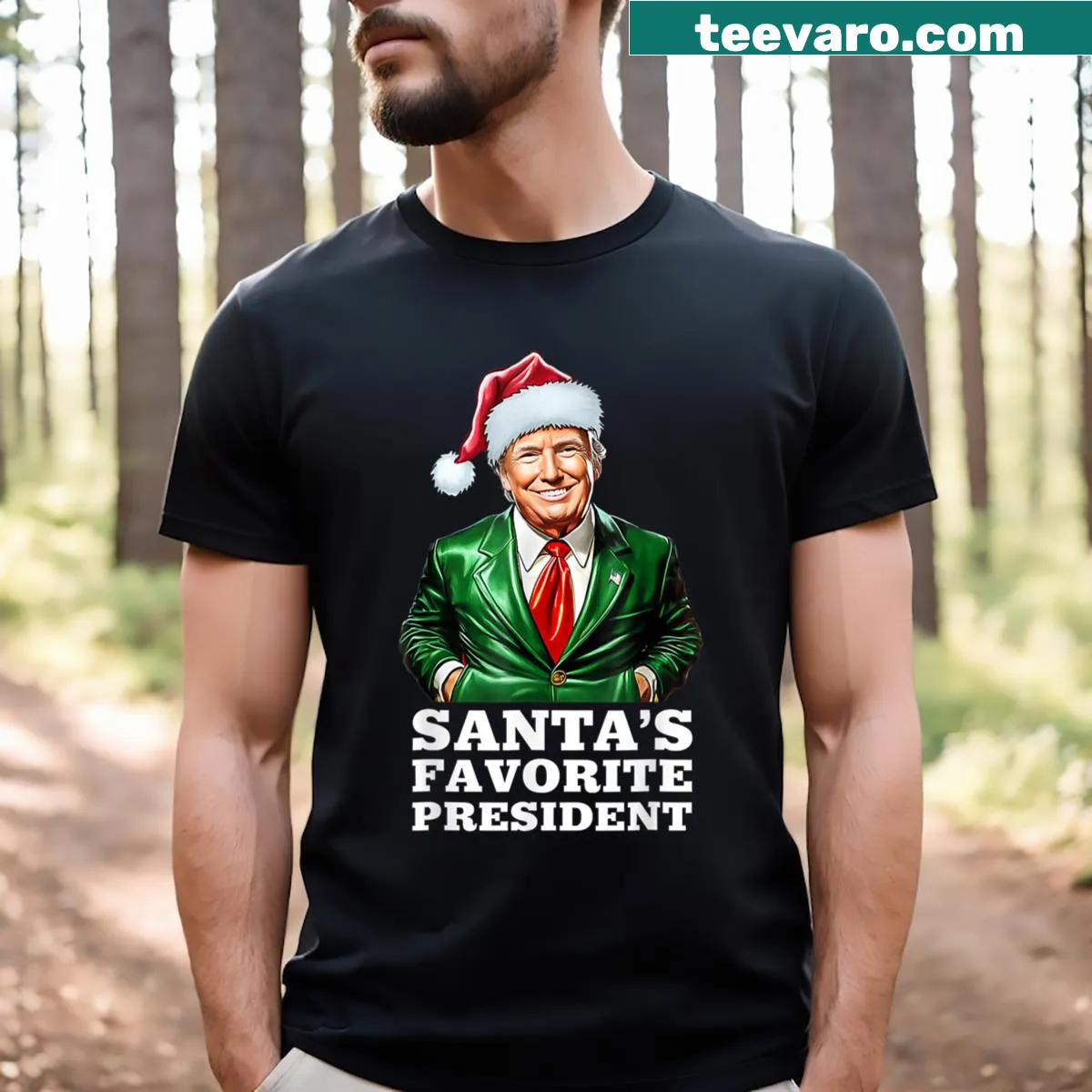 Funny Christmas T-shirt with 'Santa's Favorite President' text — on a men's t-shirt
