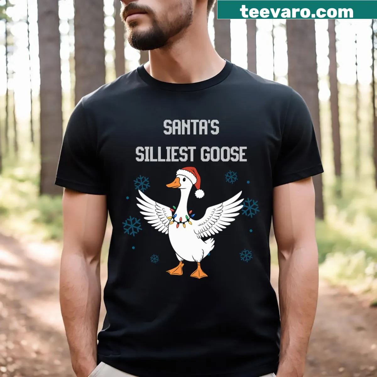 Cartoon Christmas T-shirt with a silly goose dressed as Santa — on a men's t-shirt