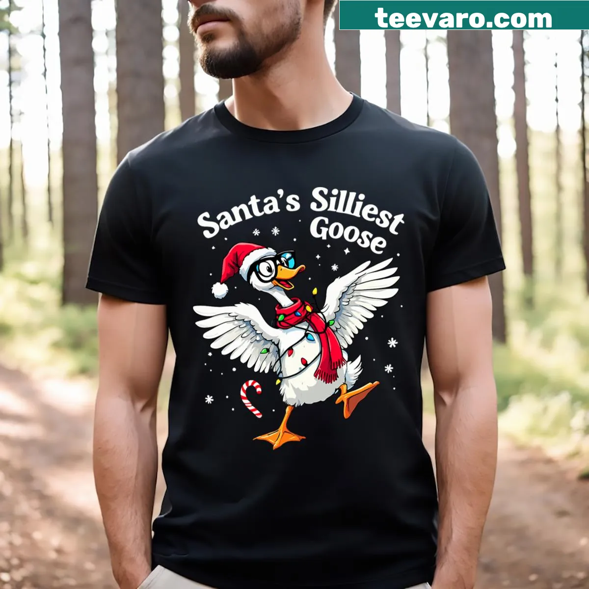 Funny Santa goose Christmas T-shirt for animal lovers — on a men's t-shirt