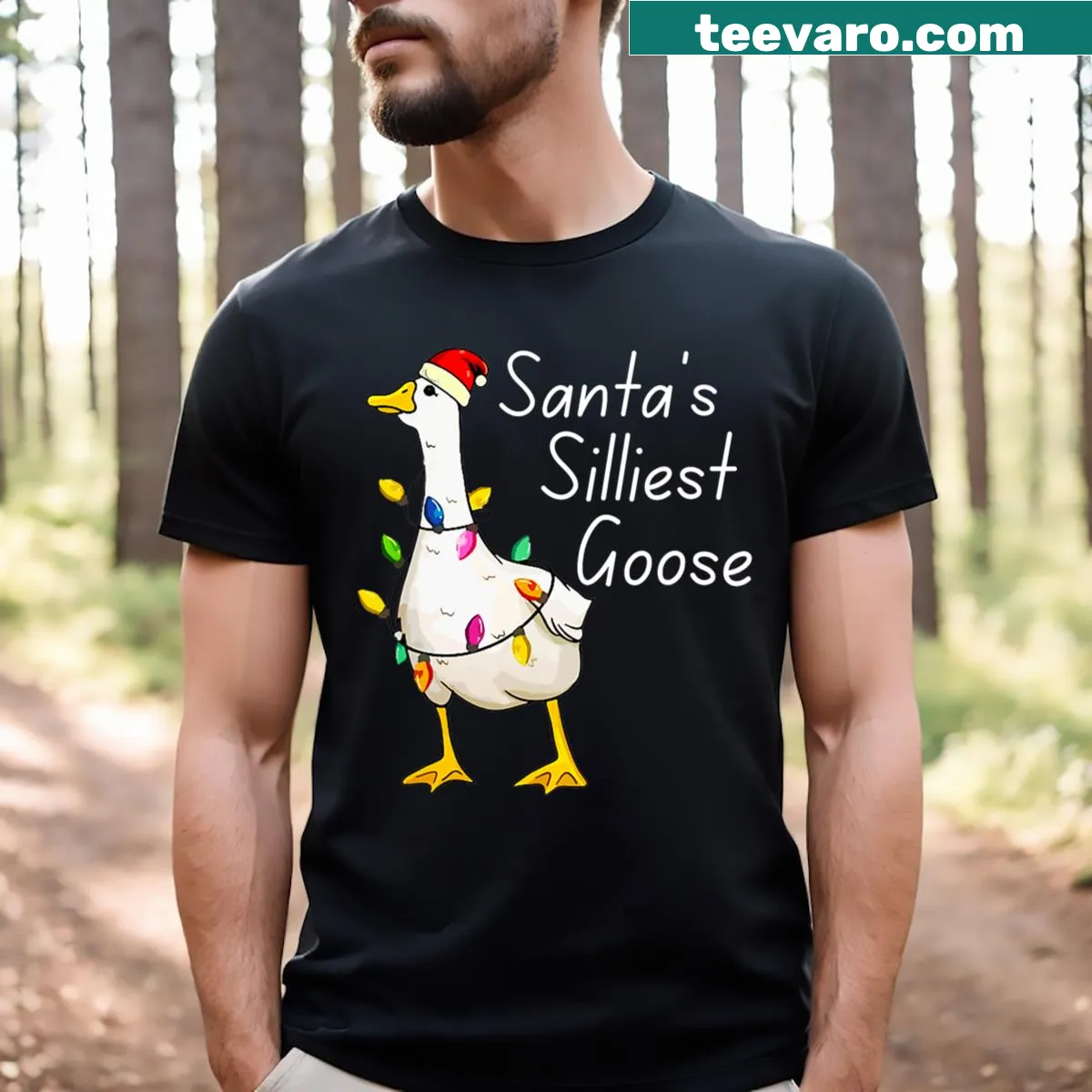 Funny Christmas T-shirt with a playful Santa goose design — on a men's t-shirt