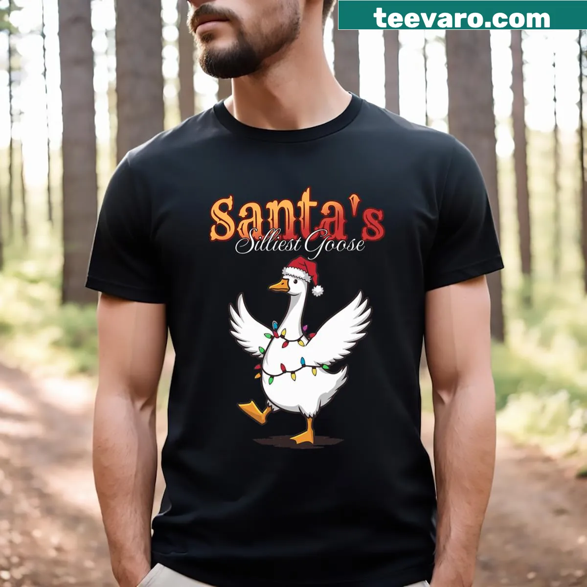 Funny Christmas T-shirt with a goose and humorous text — on a men's t-shirt