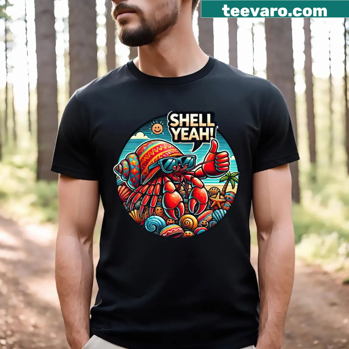T-shirt featuring playful shell graphics and text 'Shell Yeah' — on a men's t-shirt