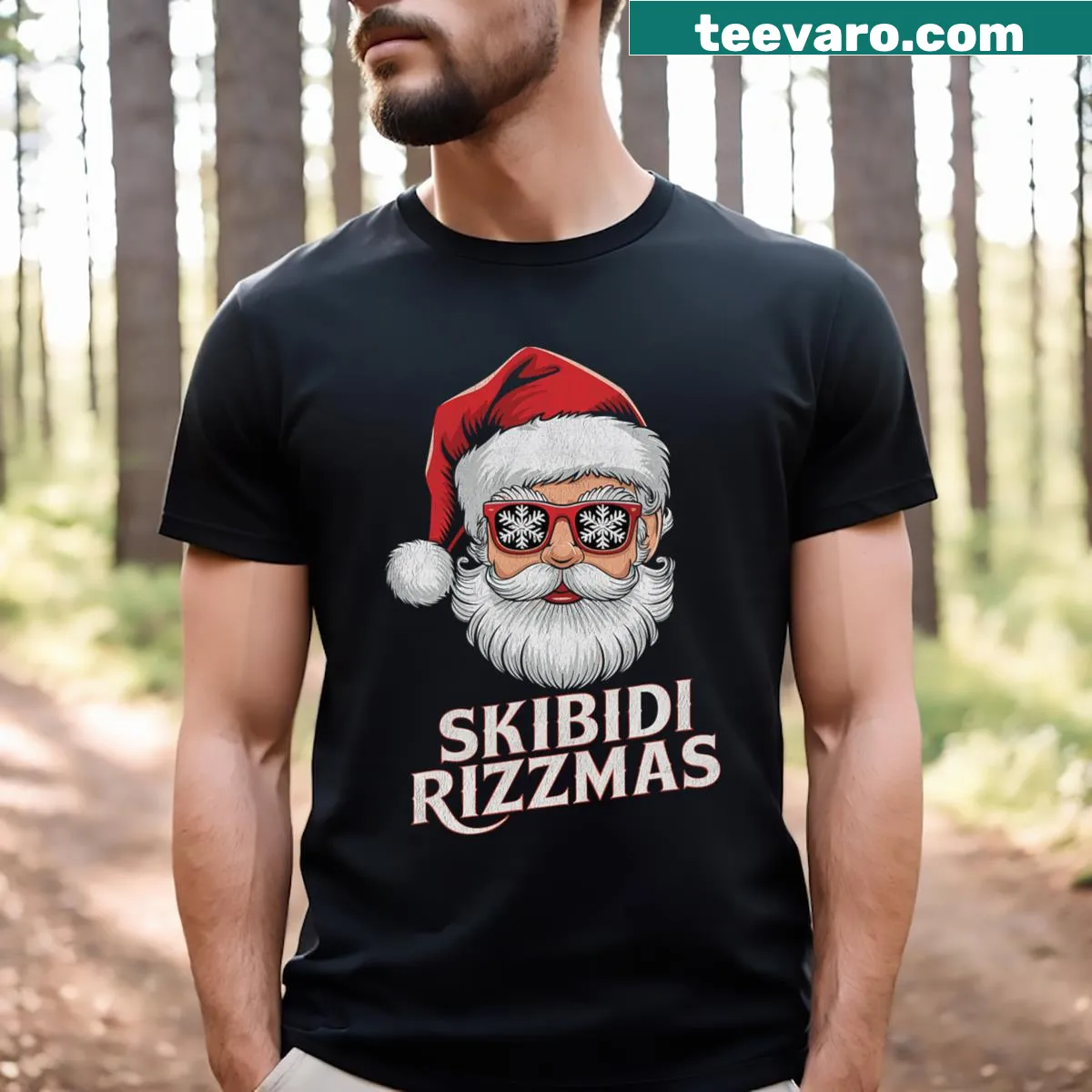 Playful Christmas T-shirt with Santa and 'Skibidi Rizzmas' text — on a men's t-shirt