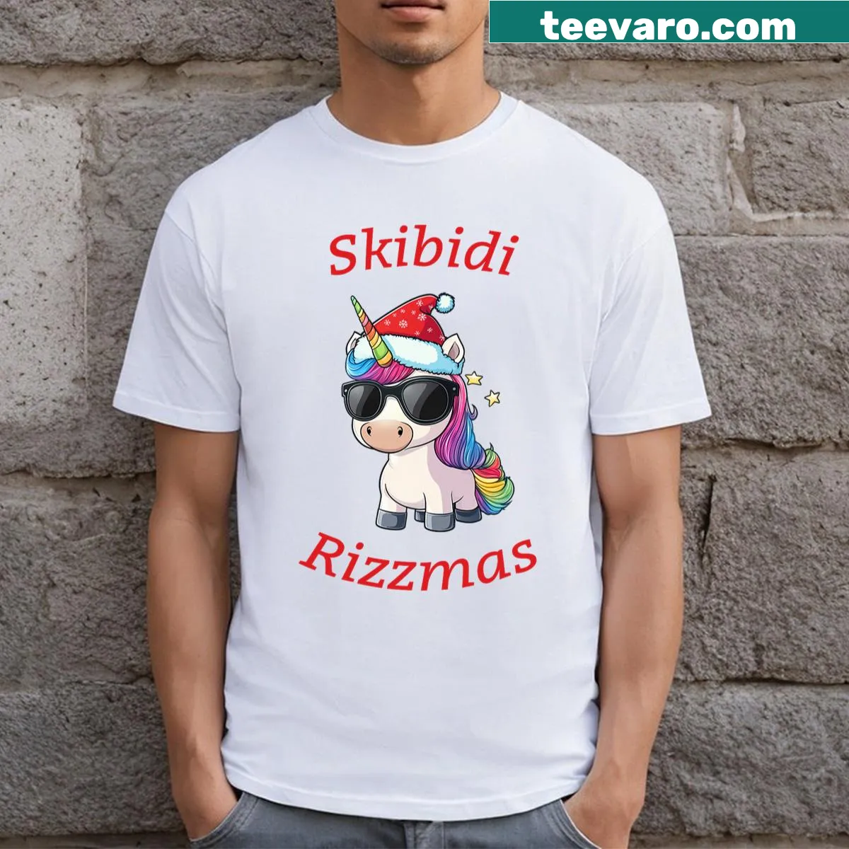 Whimsical unicorn design with modern slang for Christmas on T-shirt. — on a men's t-shirt