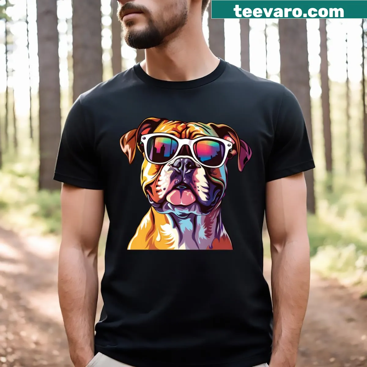 Cartoon boxer dog in sunglasses on a summer vacation T-shirt — on a men's t-shirt