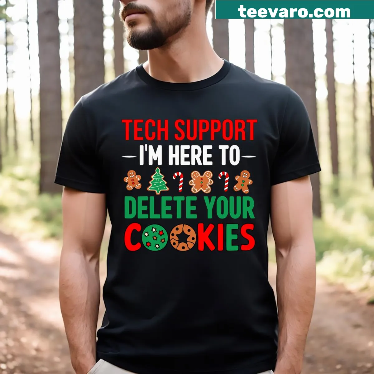 Funny Christmas T-shirt with tech support and cookie theme — on a men's t-shirt