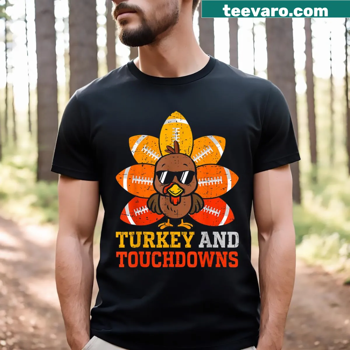 Thanksgiving T-shirt for kids featuring turkey and football design — on a men's t-shirt