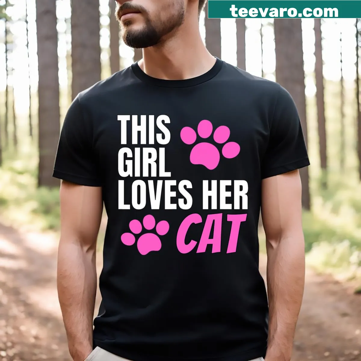 T-shirt expressing love for cats with a girl and cat graphic — on a men's t-shirt