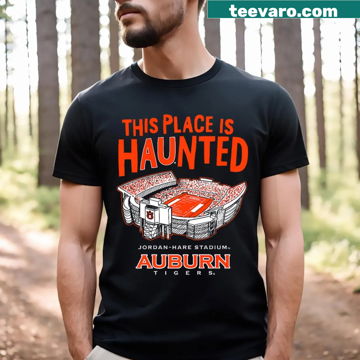 Haunted stadium graphic t-shirt featuring Jordan Hare Stadium — on a men's t-shirt