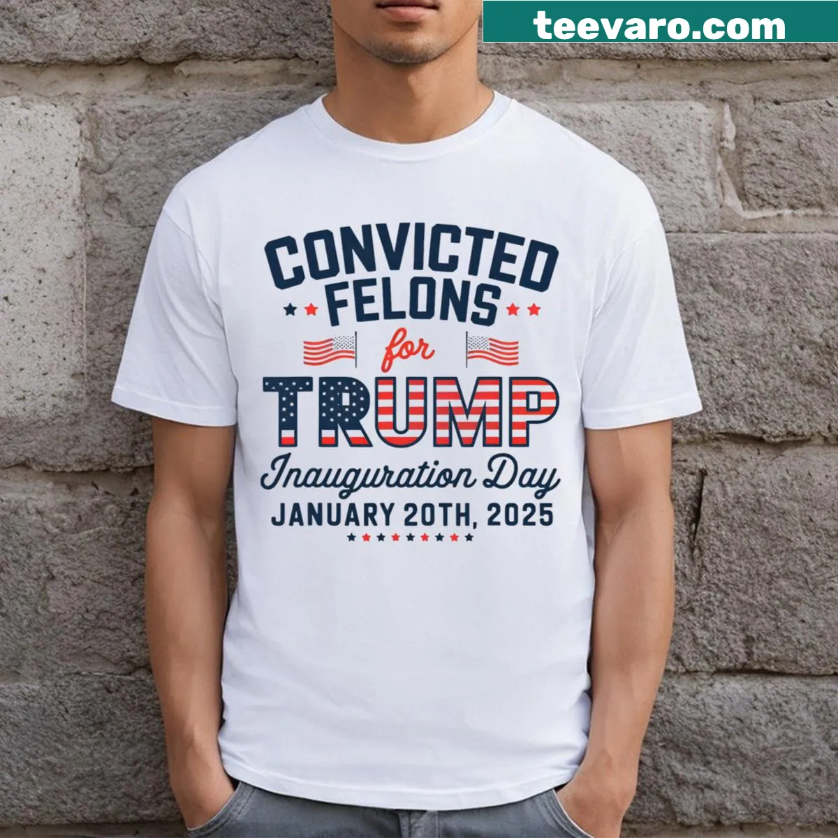 T-shirt with bold text on political satire for Inauguration Day — on a men's t-shirt