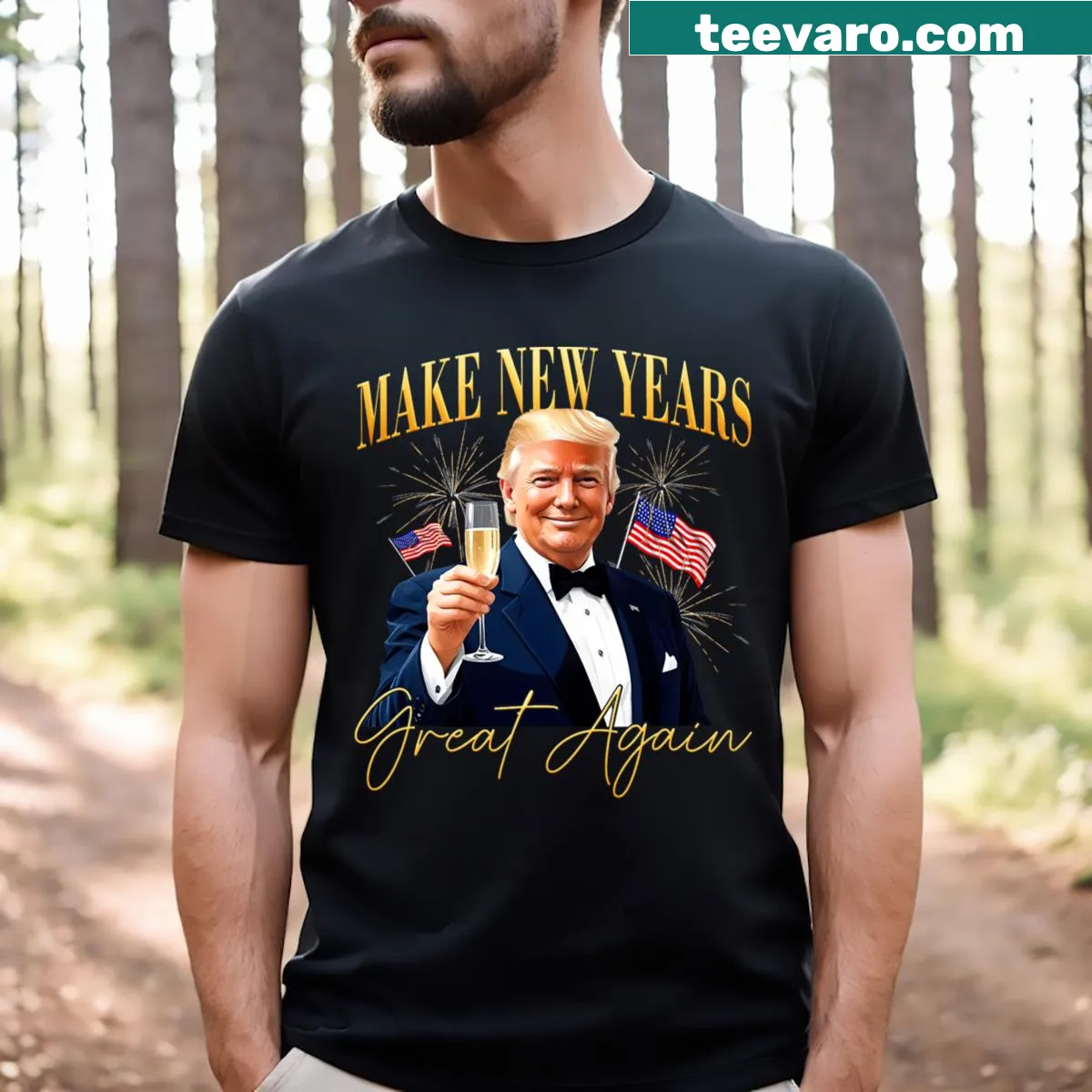 New Year-themed T-shirt with 'Make New Year Great Again' text — on a men's t-shirt