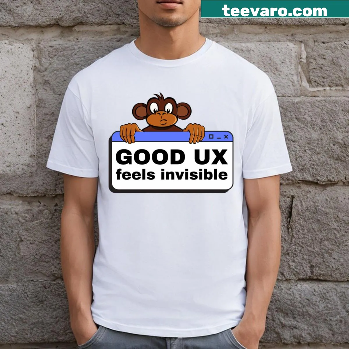 T-shirt for UX designers with 'Good UX Feels Invisible' message — on a men's t-shirt
