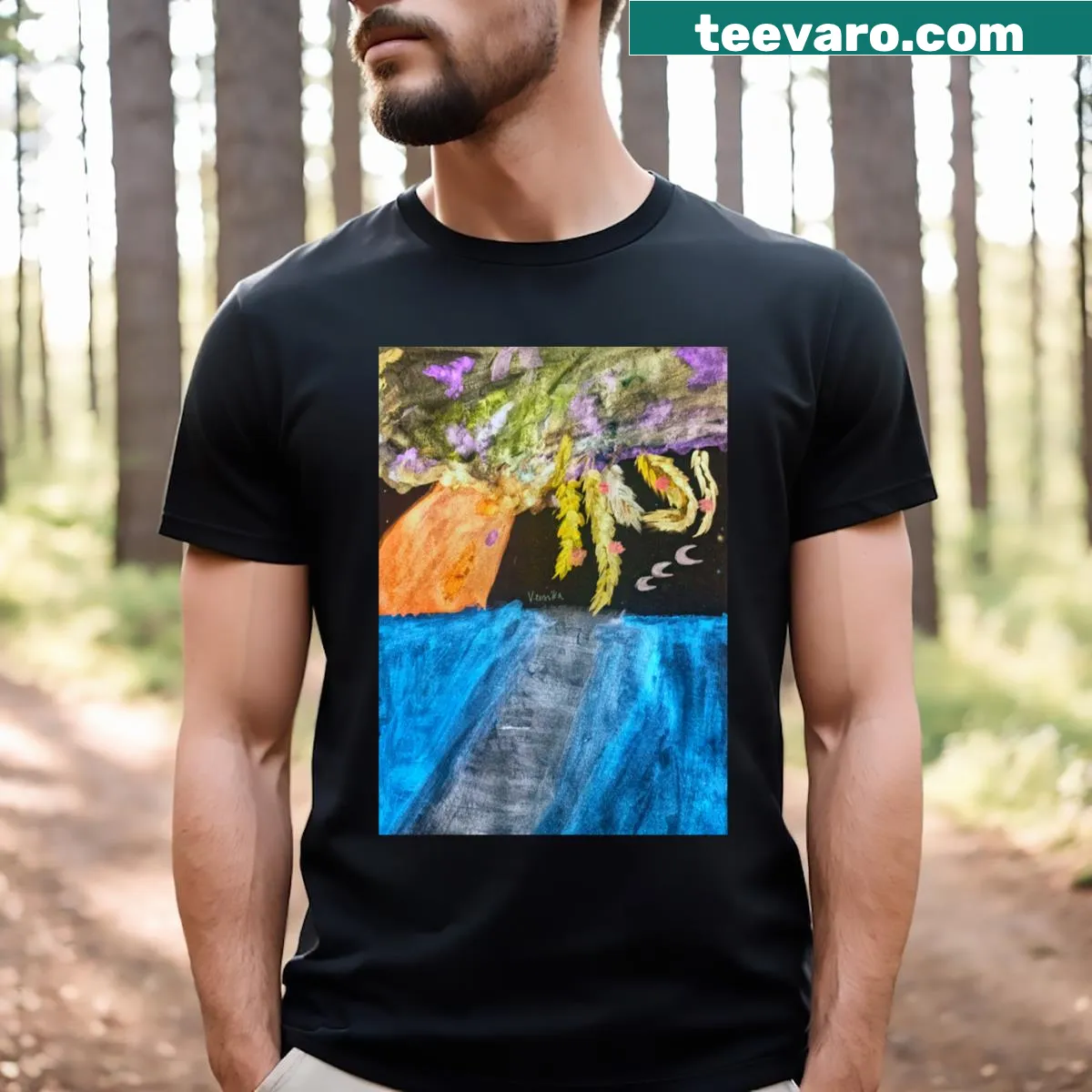 Fantasy-themed shirt with whimsical illustration of dream fields — on a men's t-shirt