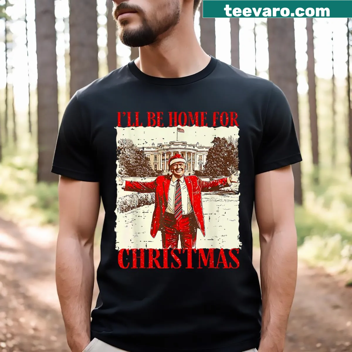 Humorous Christmas shirt with 'I'll Be Home For Christmas' text — on a men's t-shirt