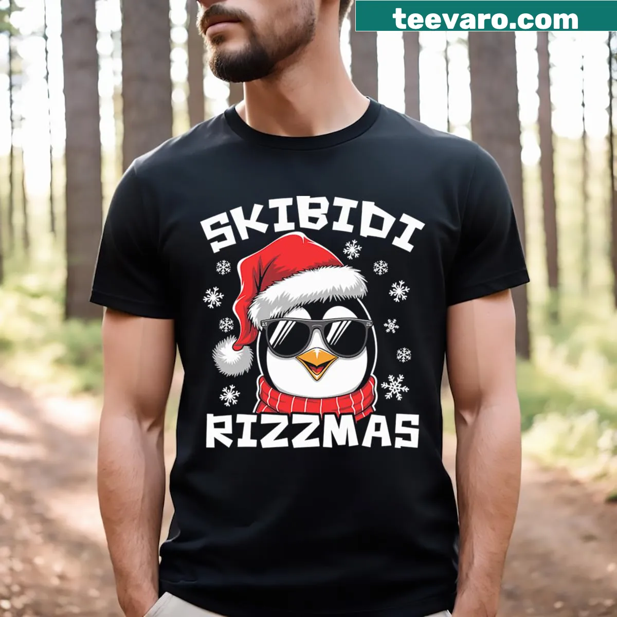Funny penguin-themed T-shirt with Skibidi Rizzmas quote — on a men's t-shirt