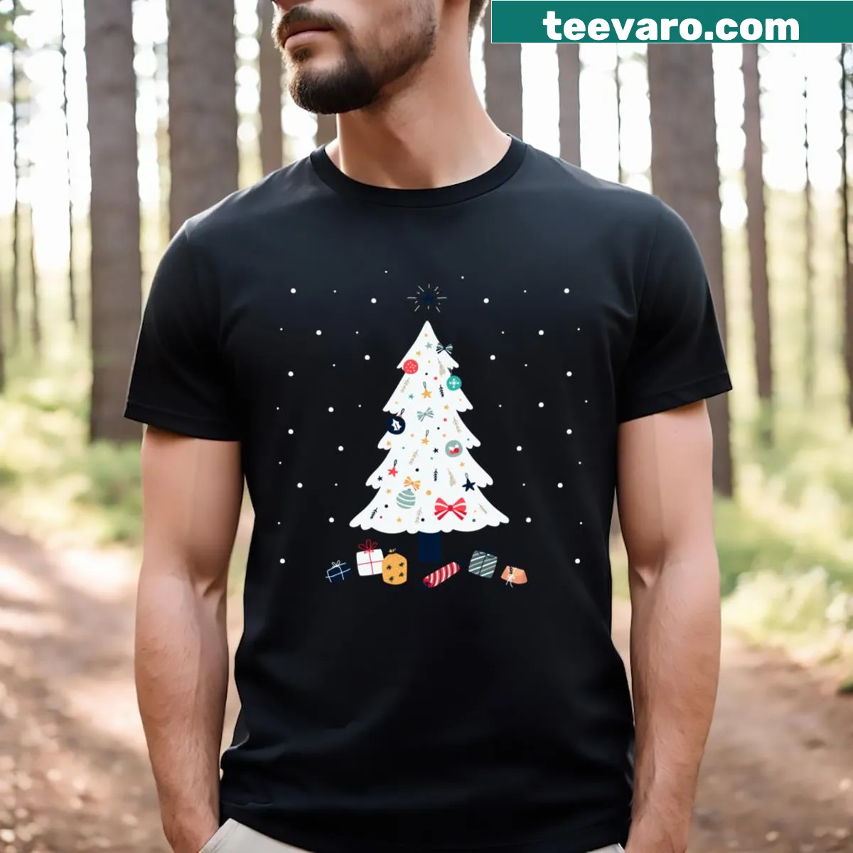 Christmas tree t-shirt with festive illustrations of gifts and candy. — on a men's t-shirt