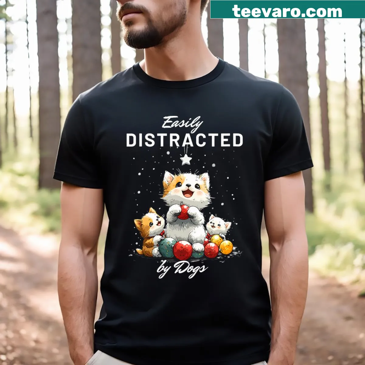 Funny V-neck T-shirt with dog distraction text — on a men's t-shirt
