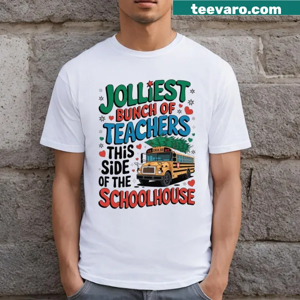 Funny teacher T-shirt with 'Jolliest Bunch of Teachers' text graphic