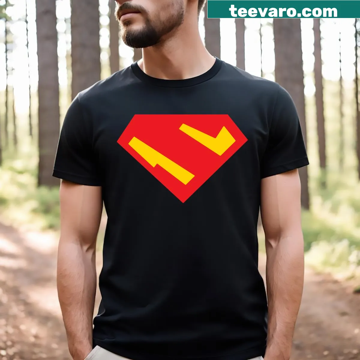 Playful animated S shield graphic T-shirt — on a men's t-shirt
