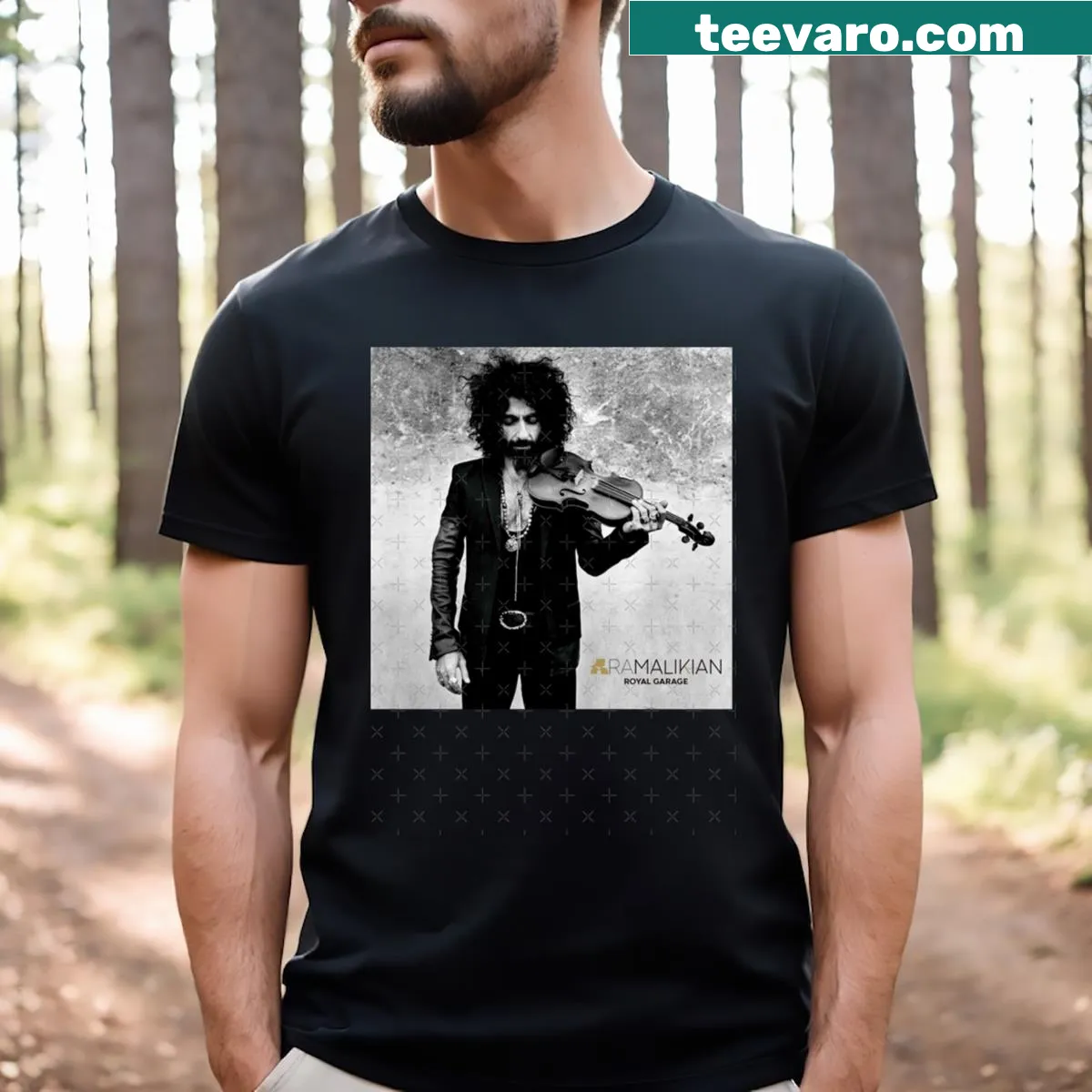 T-shirt featuring Ara Malikian Royal Garage album title — on a men's t-shirt