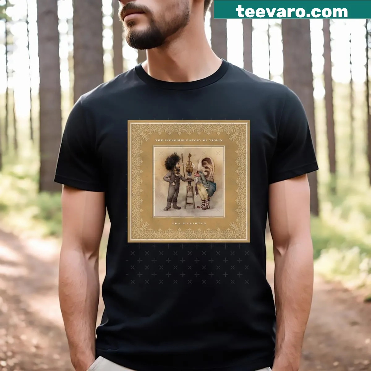 T-shirt with Ara Malikian violin album title design — on a men's t-shirt