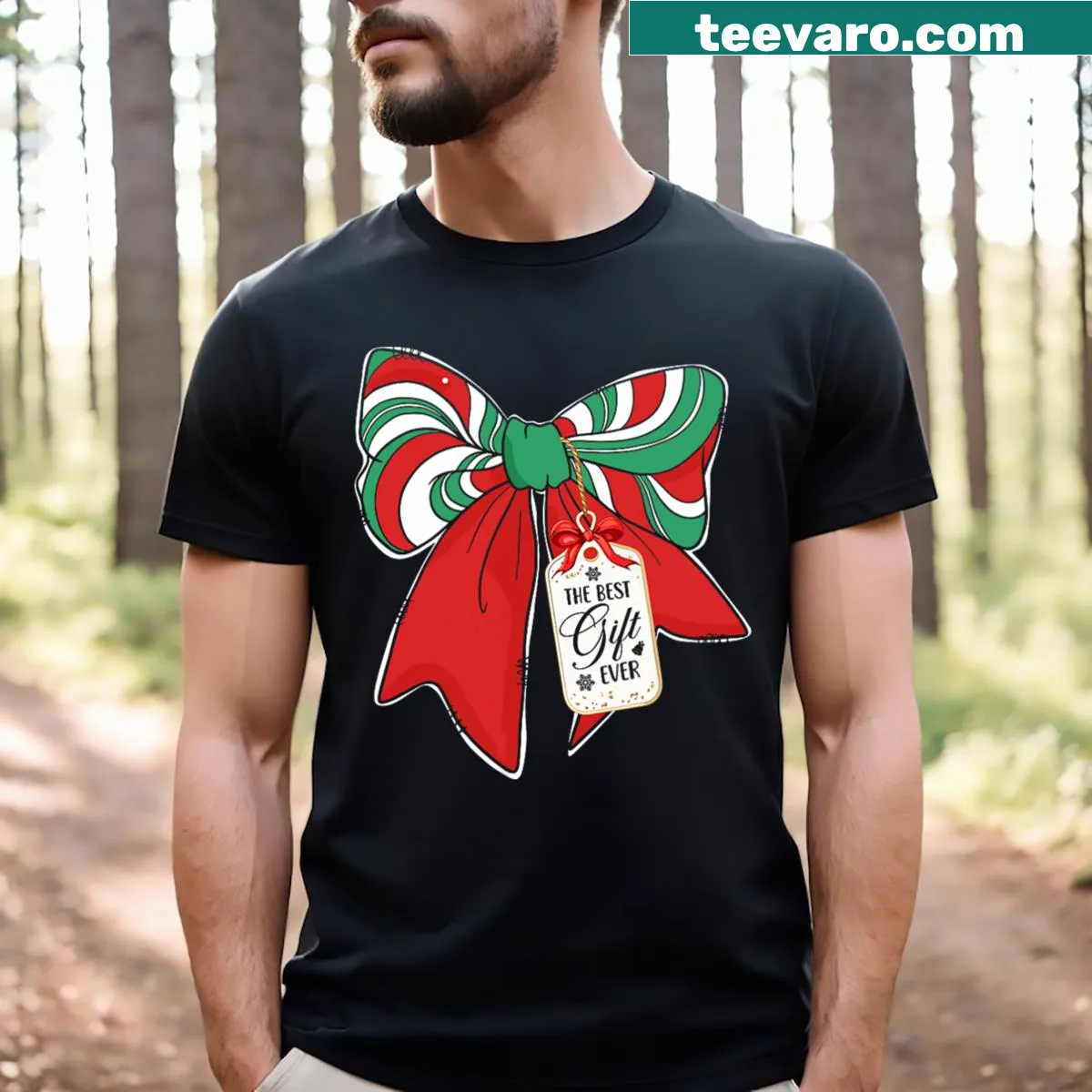 Festive bow graphic t-shirt for pregnant moms — on a men's t-shirt