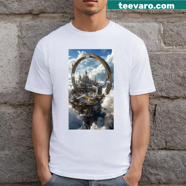 Realistic T-shirt featuring a city skyline with clouds