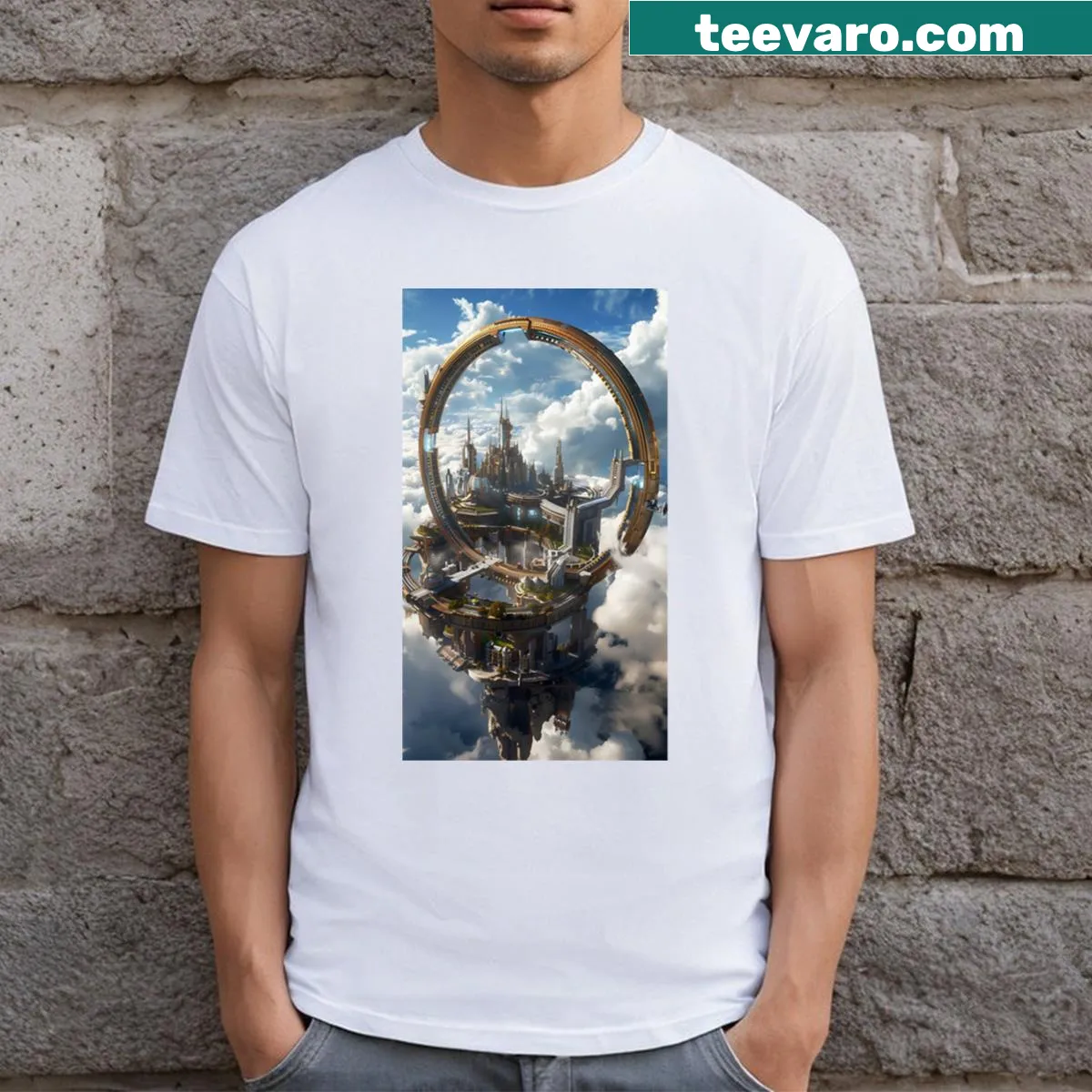 Realistic T-shirt featuring a city skyline with clouds — on a men's t-shirt