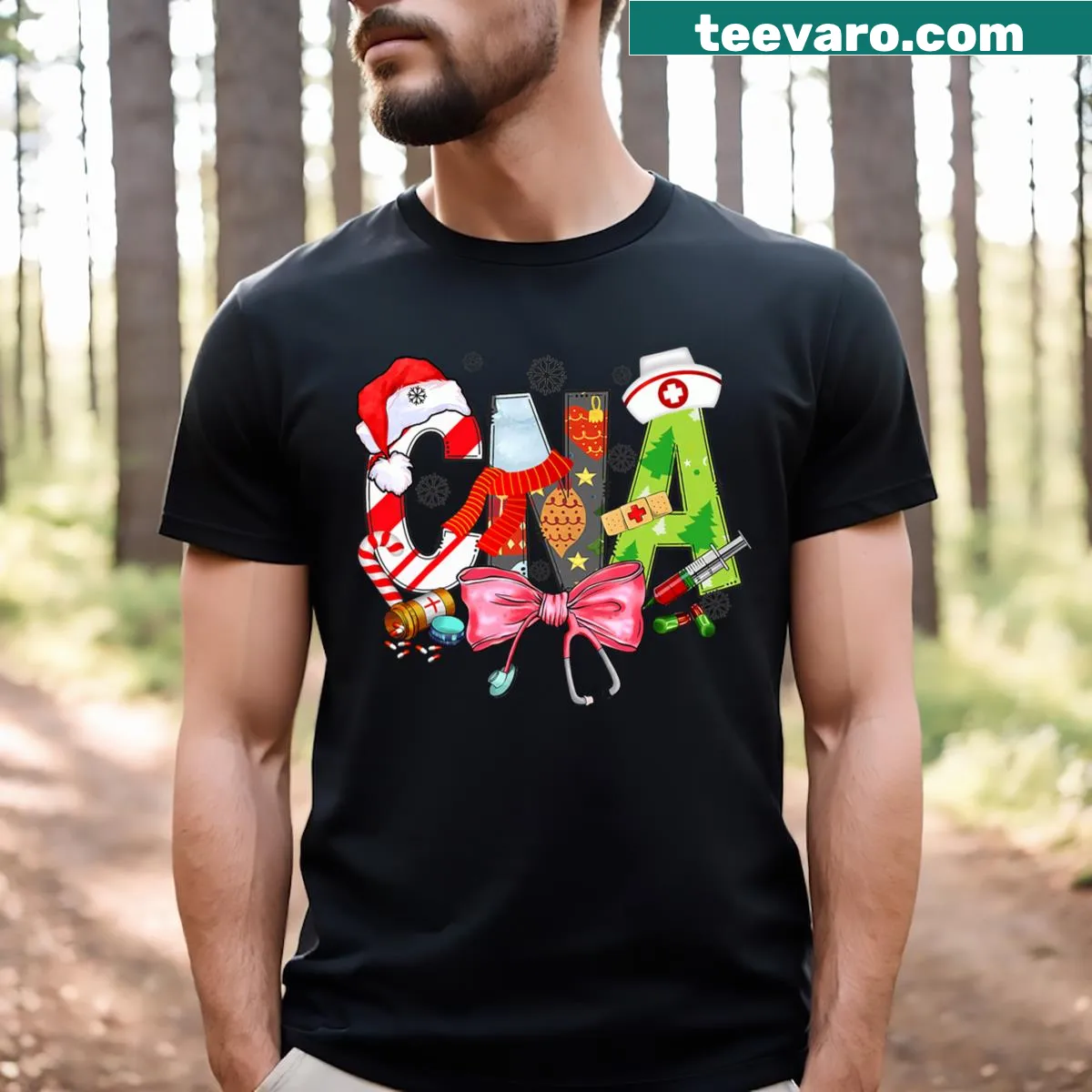 Nurse-themed Christmas T-shirt for Certified Nursing Assistants — on a men's t-shirt