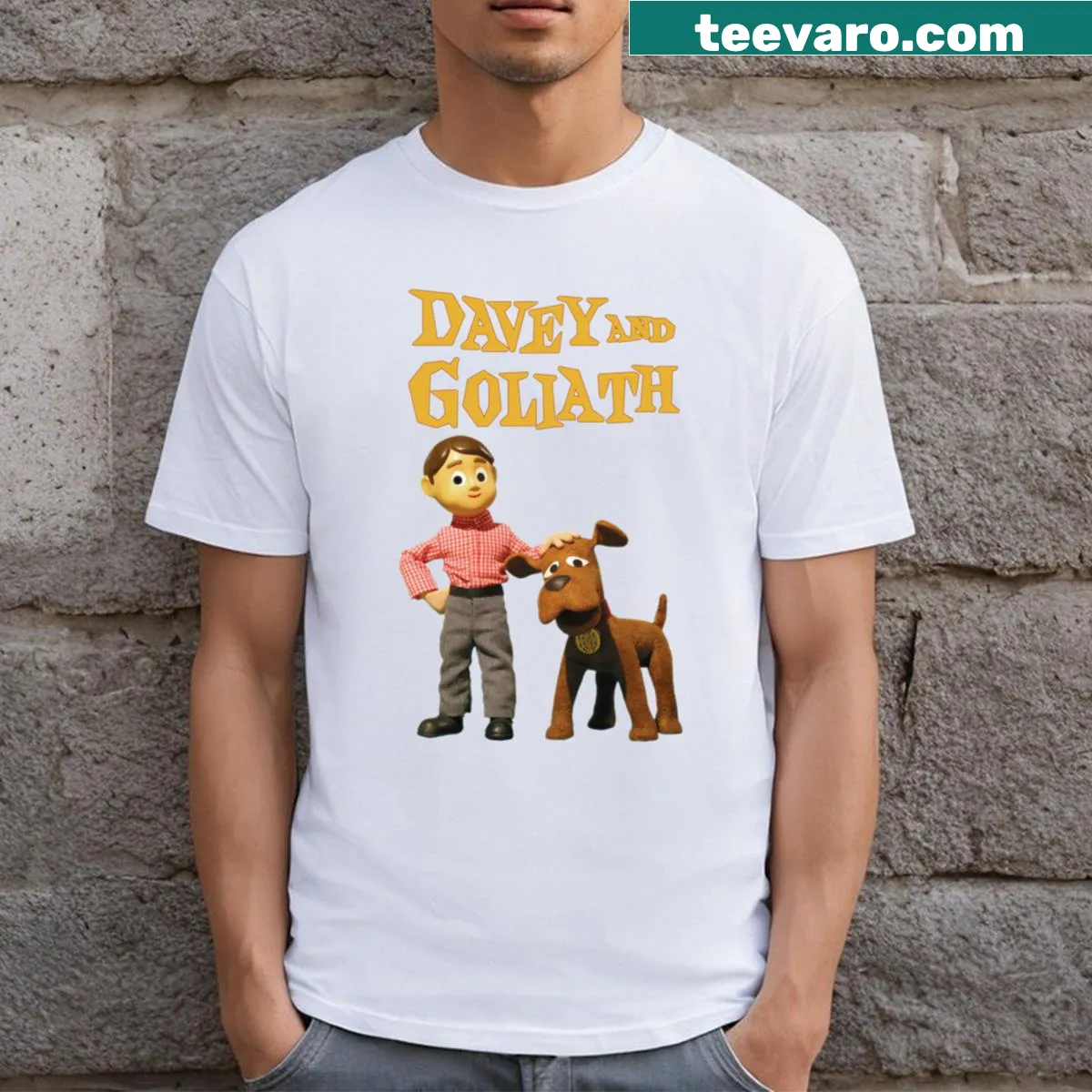 Cartoon graphic T-shirt featuring Davey And Goliath characters — on a men's t-shirt