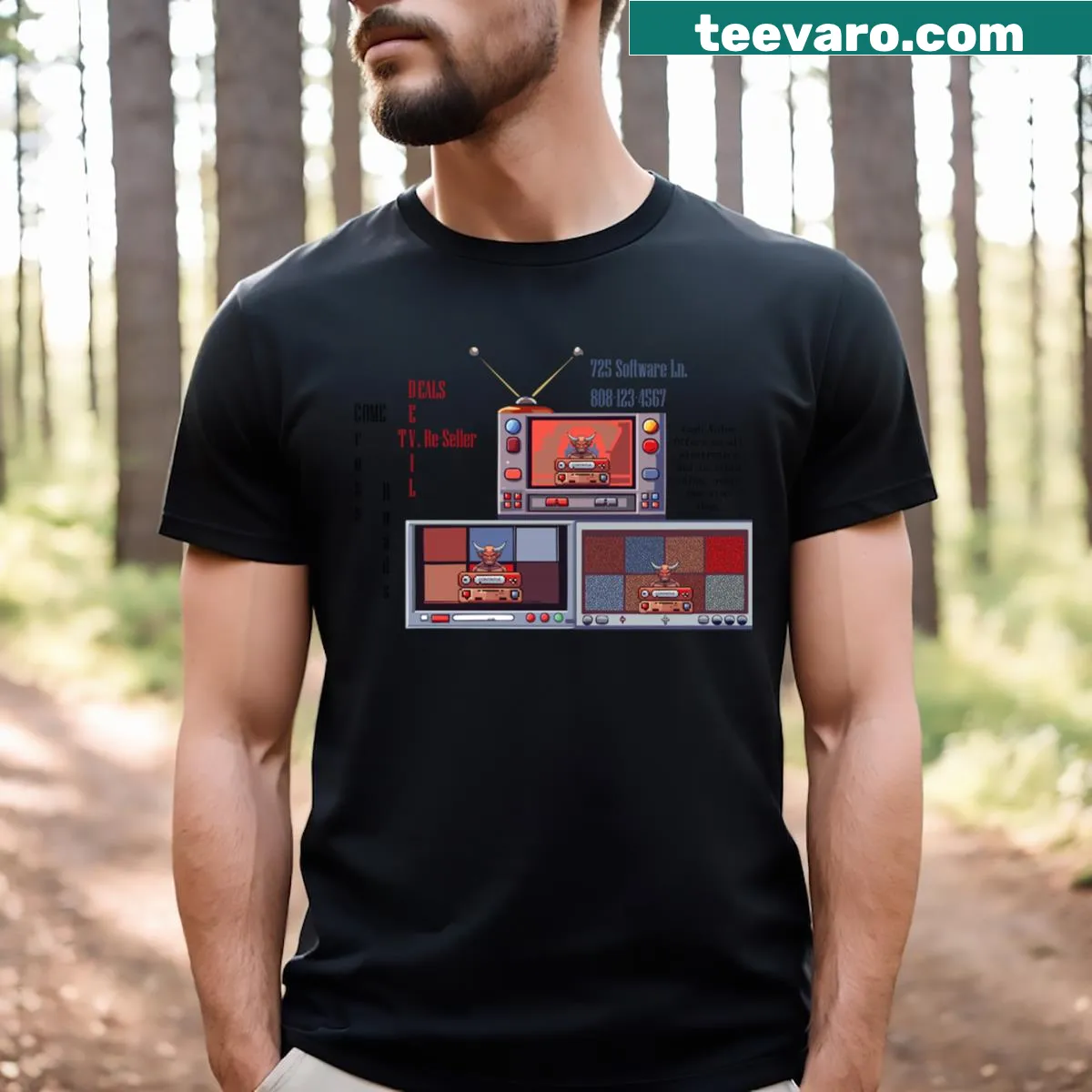 Edgy T-shirt with the phrase 'Devil TV Reseller' — on a men's t-shirt