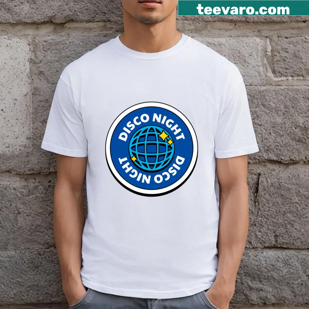 Retro disco globe design on a nostalgic T-shirt — on a men's t-shirt