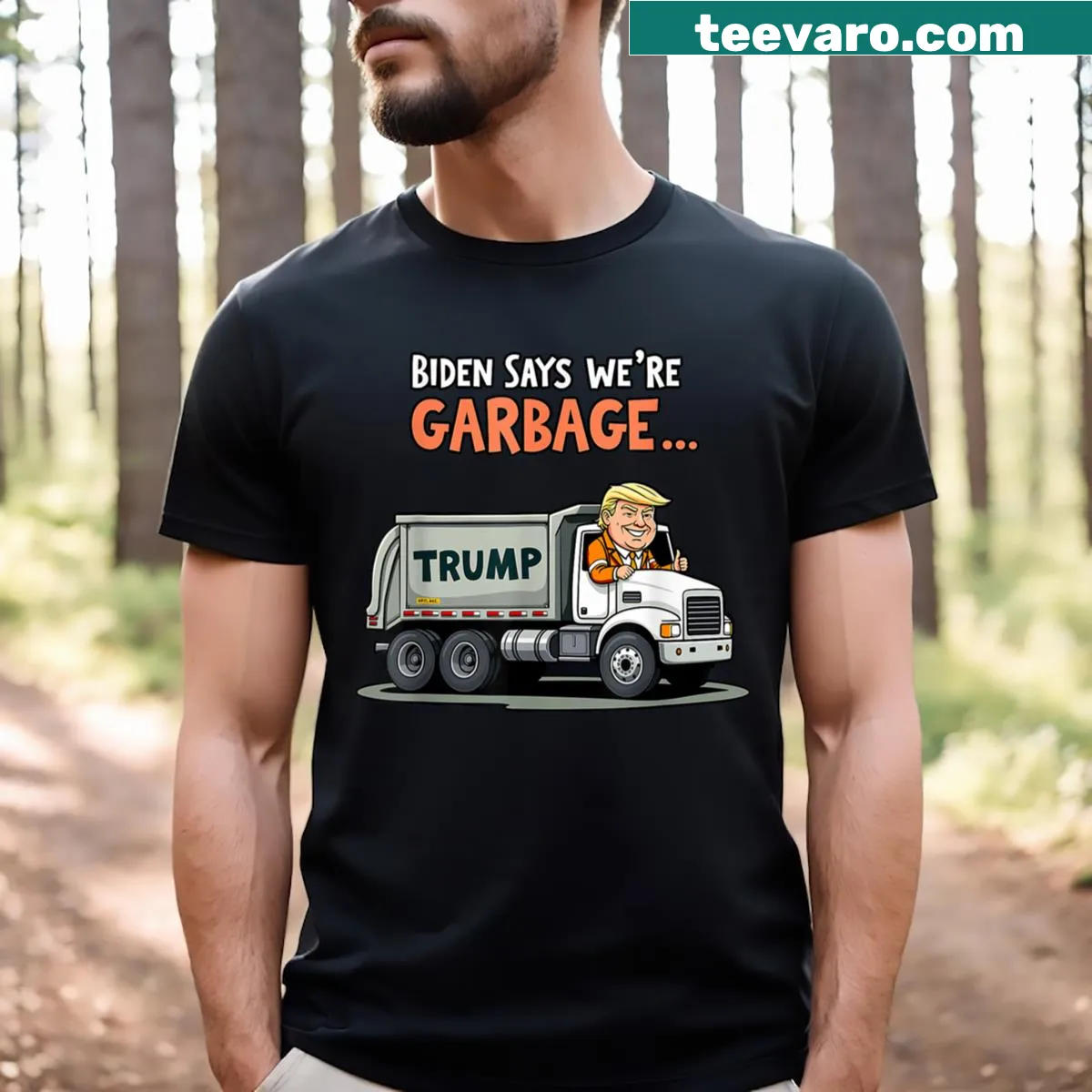 Caricature of Donald Trump riding in a garbage truck. — on a men's t-shirt