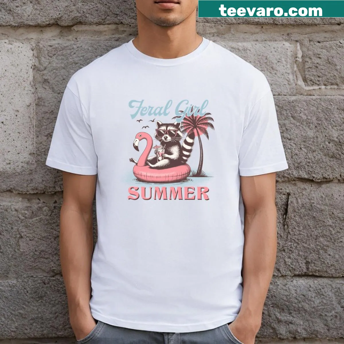 Illustration of a playful raccoon celebrating summer. — on a men's t-shirt