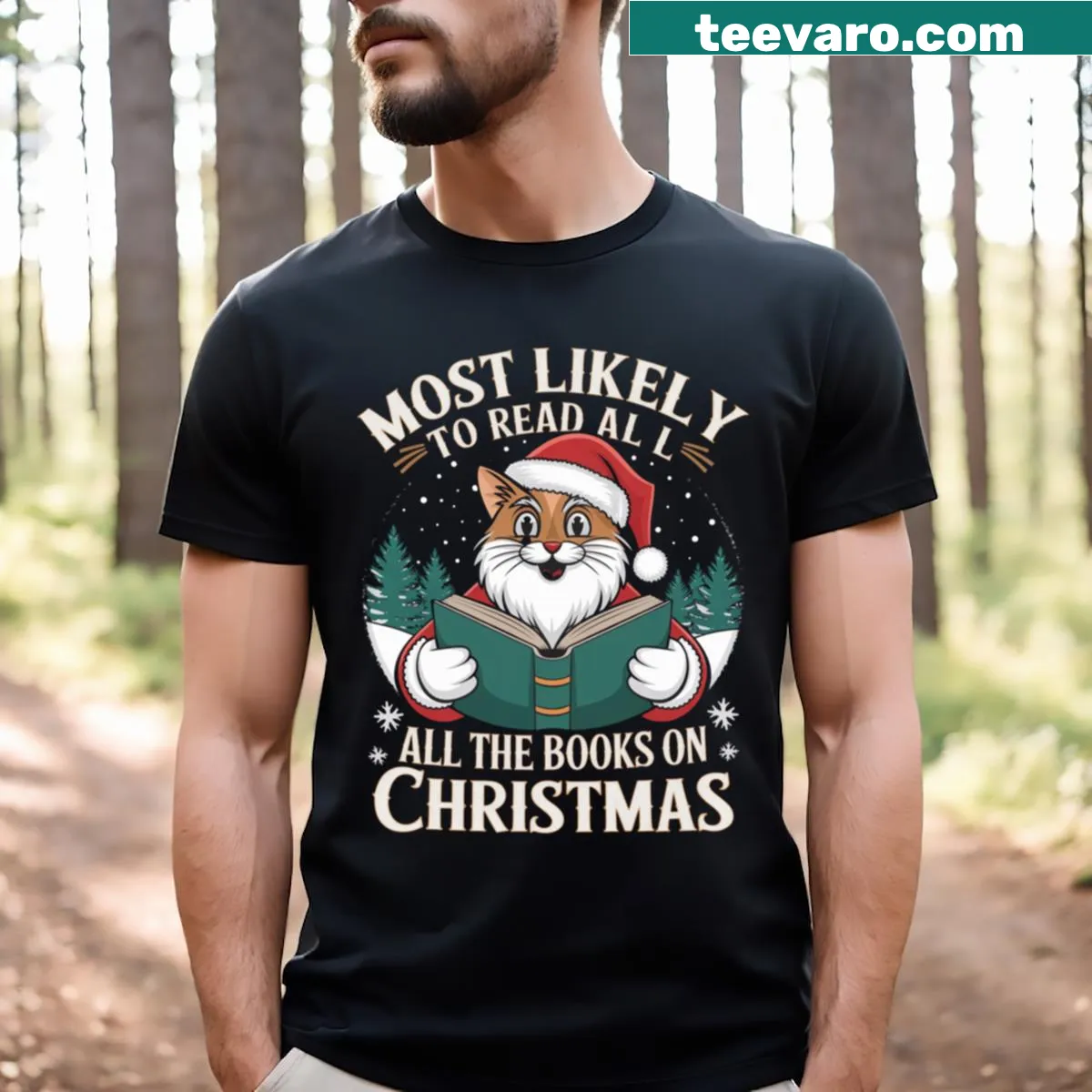 Funny Christmas cat t-shirt with cartoon cat and book theme — on a men's t-shirt