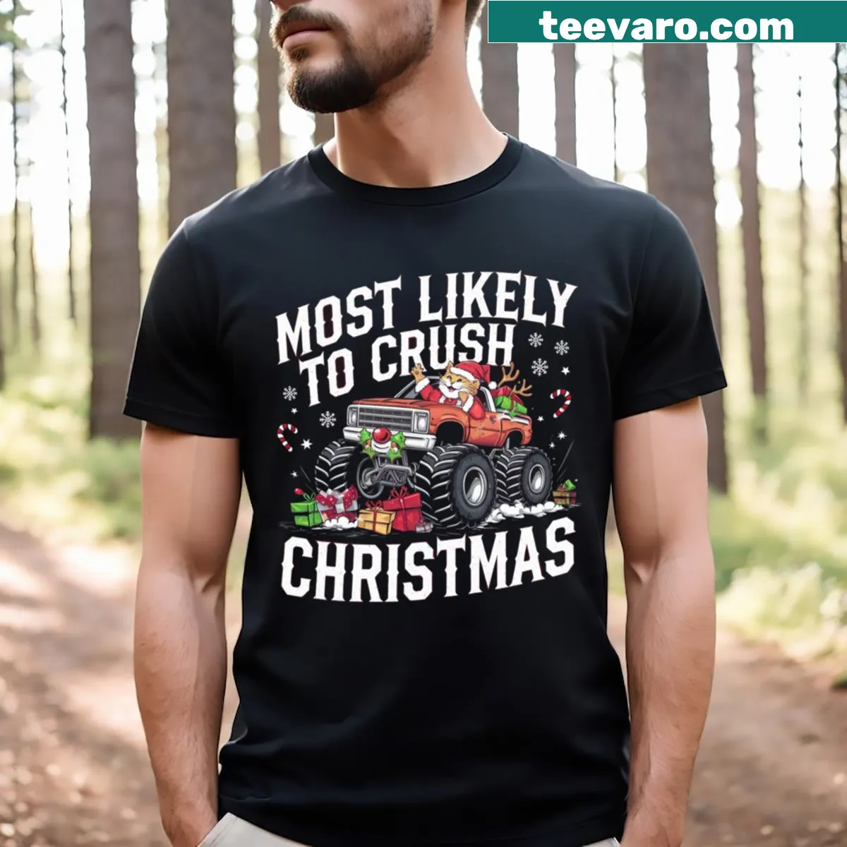 Christmas monster truck and cat design on a humorous T-shirt — on a men's t-shirt