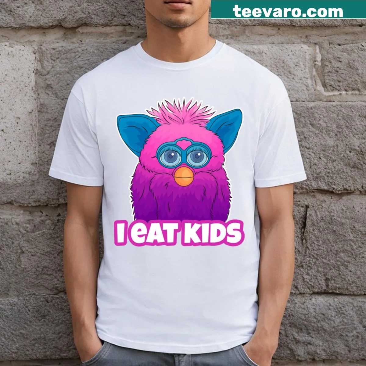 Funny Furby t-shirt with I Eat Kids text for kids — on a men's t-shirt