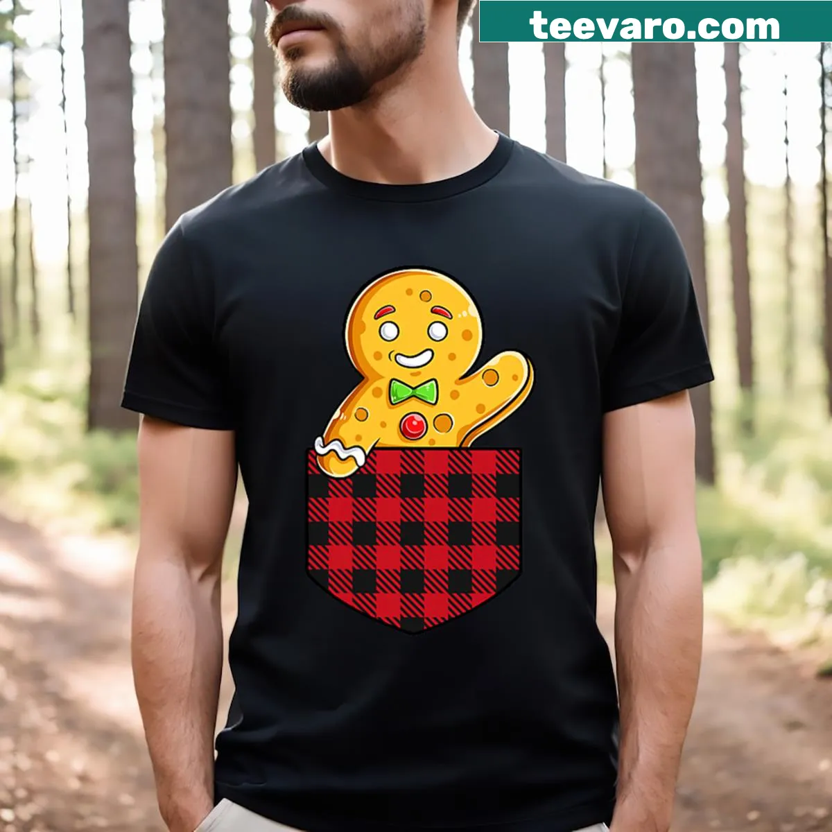 Gingerbread man graphic in pocket on a Christmas T-shirt — on a men's t-shirt