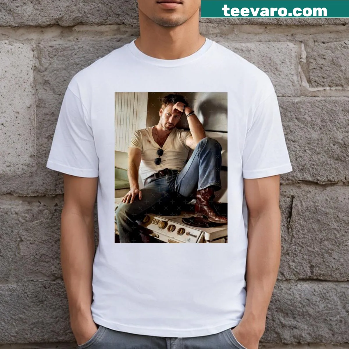 Minimalist graphic T-shirt inspired by Glen Powell's modern look — on a men's t-shirt