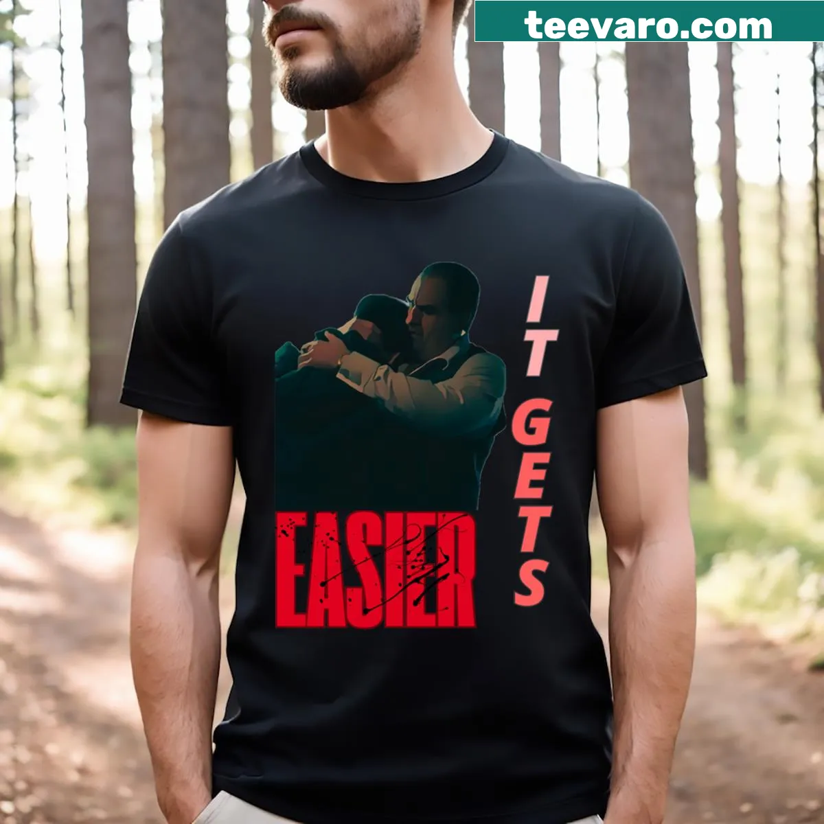 Playful penguin graphic with 'It Gets Easier' text on a T-shirt — on a men's t-shirt