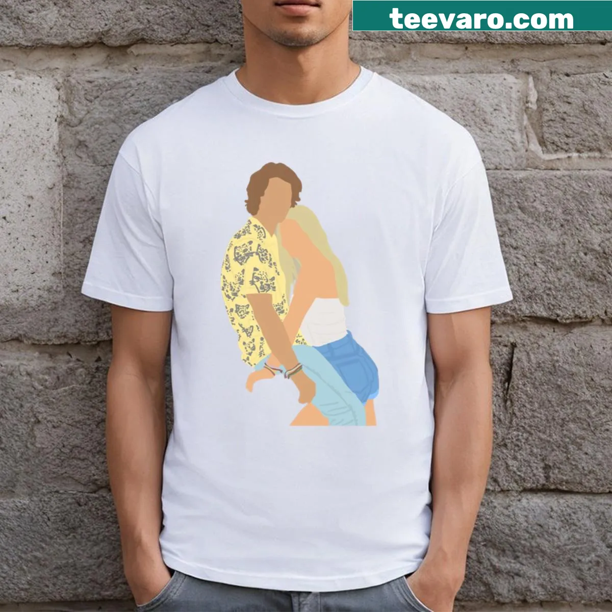 T-shirt featuring John B and Sarah in a charming illustration — on a men's t-shirt