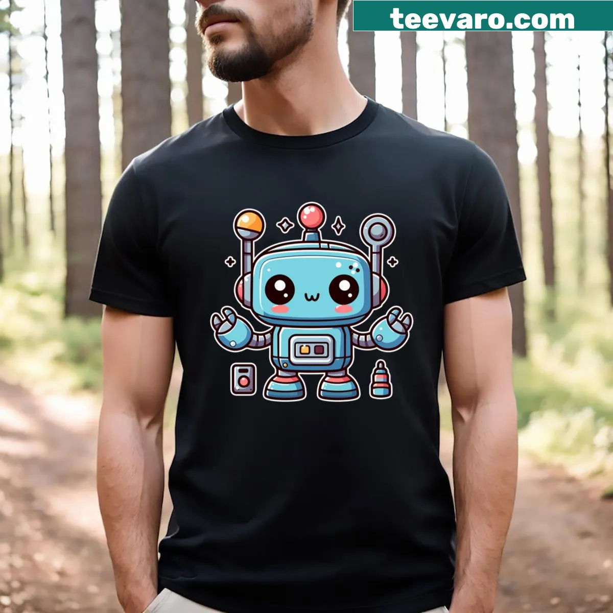 Cute Kawaii robot graphic T-shirt for kids and teens — on a men's t-shirt