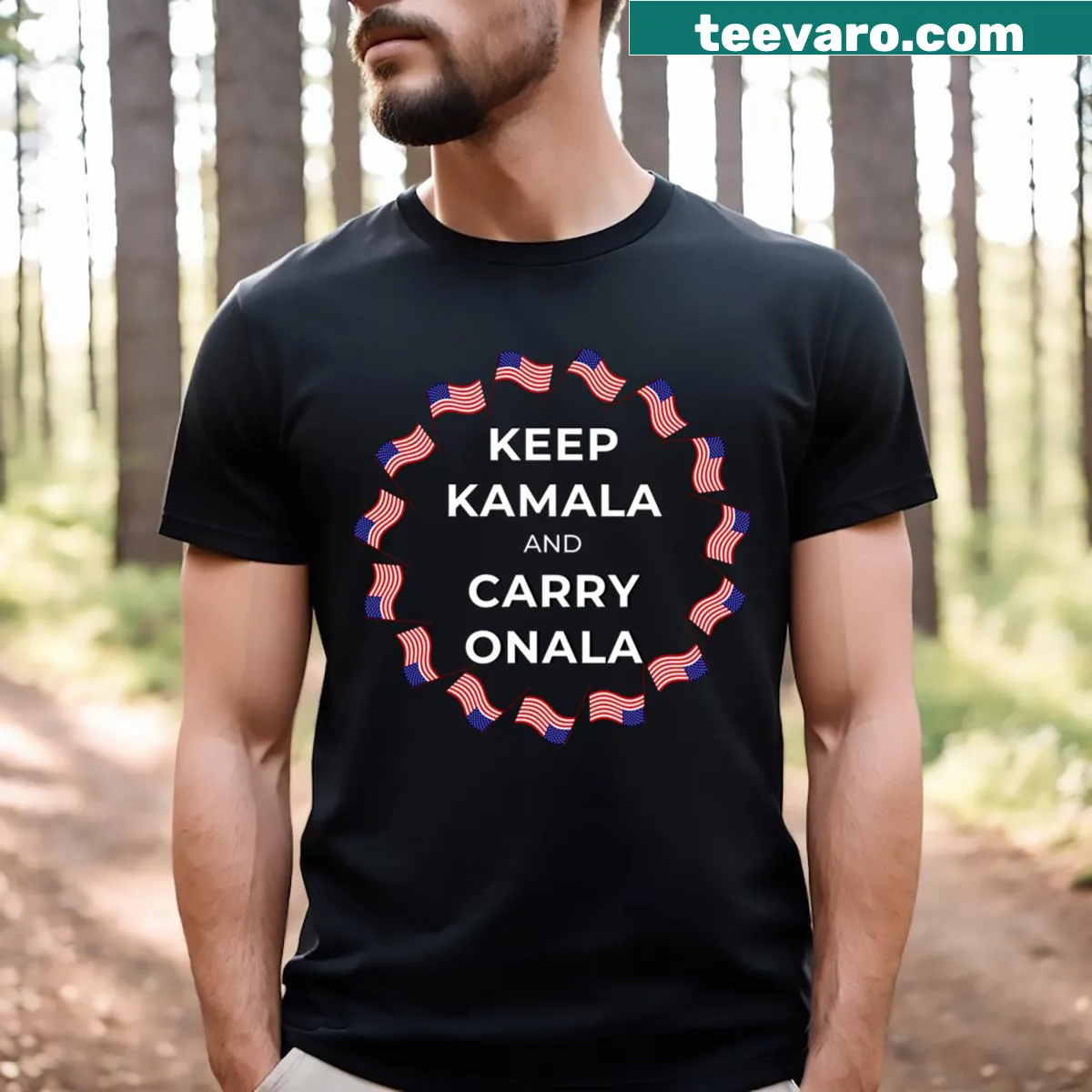 Humorous illustration with text 'Keep Kamala And Carry Onala' on T-shirt — on a men's t-shirt