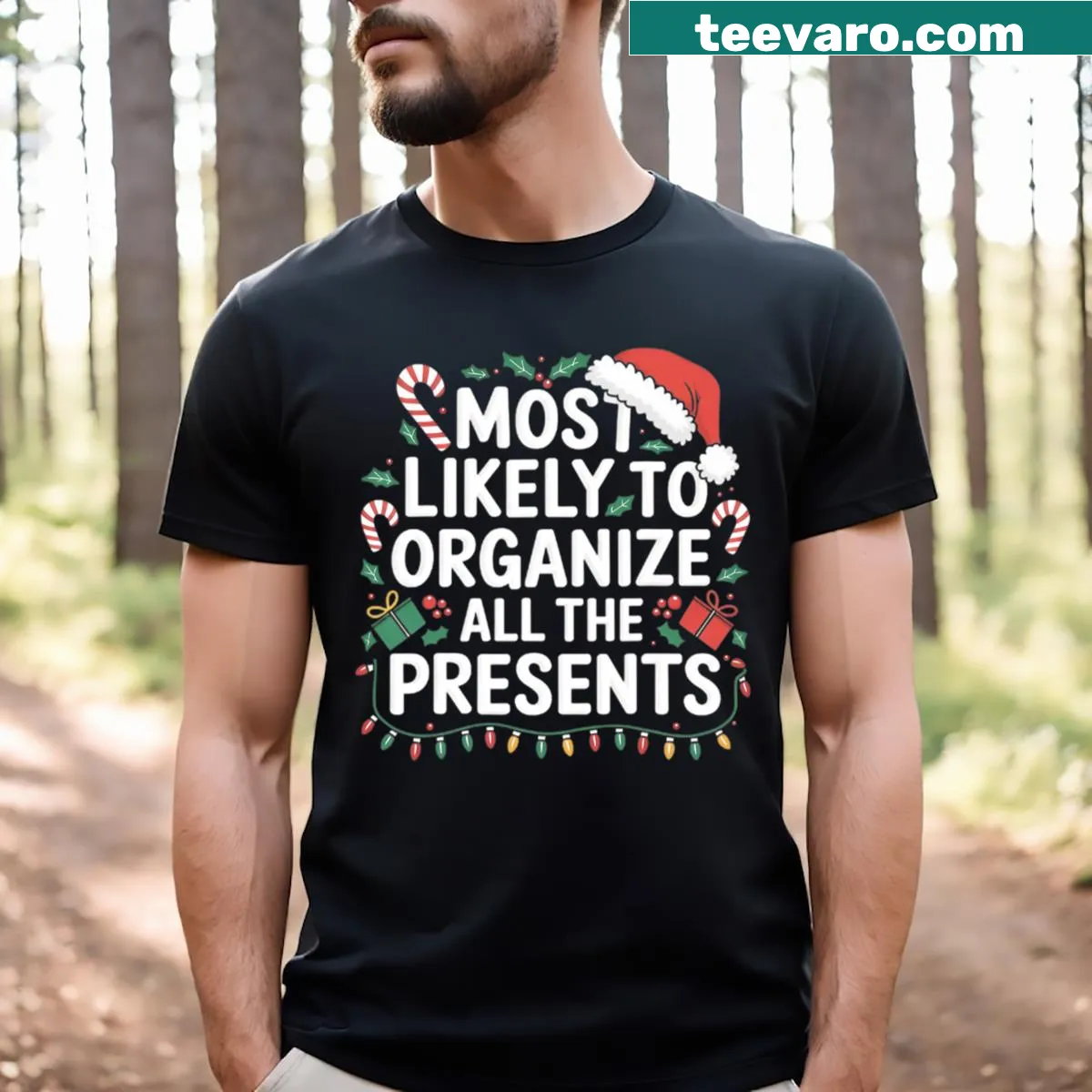 Family Christmas t-shirt about organizing presents — on a men's t-shirt