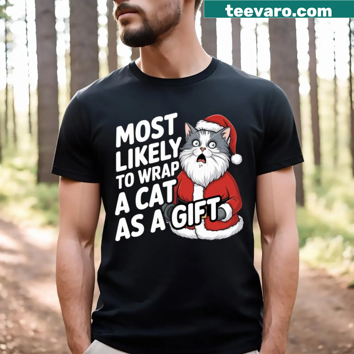Funny Christmas t-shirt with cat wrapped as a gift — on a men's t-shirt