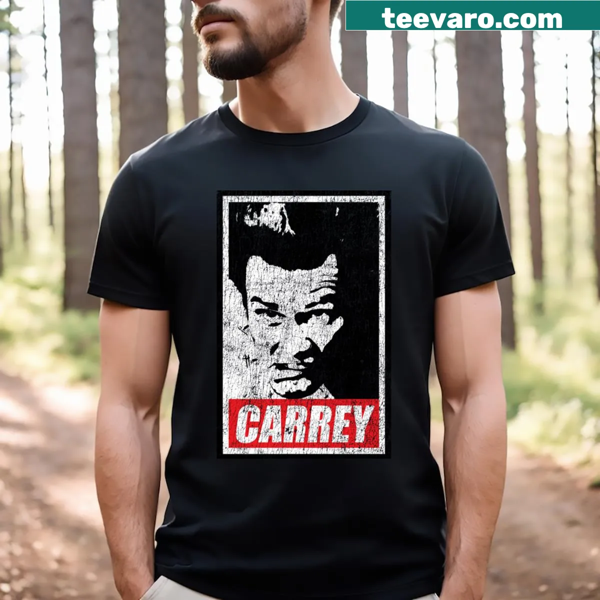 Vintage-style T-shirt with text 'Obey Jim Carrey' in bold print — on a men's t-shirt