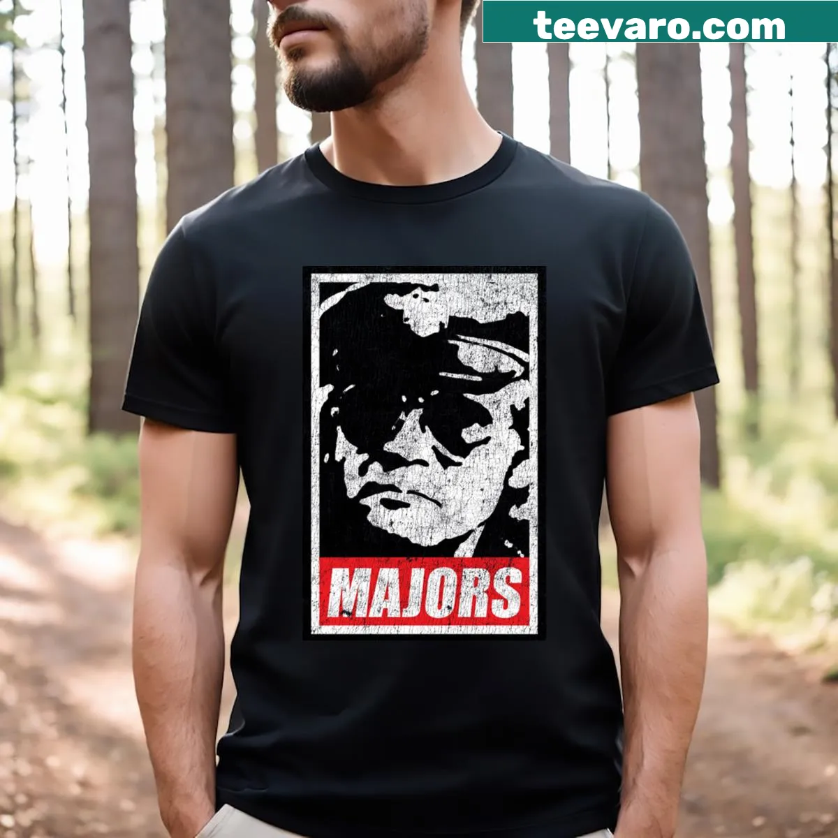 Vintage-inspired T-shirt with the phrase 'Obey Lee Majors' in bold typography — on a men's t-shirt
