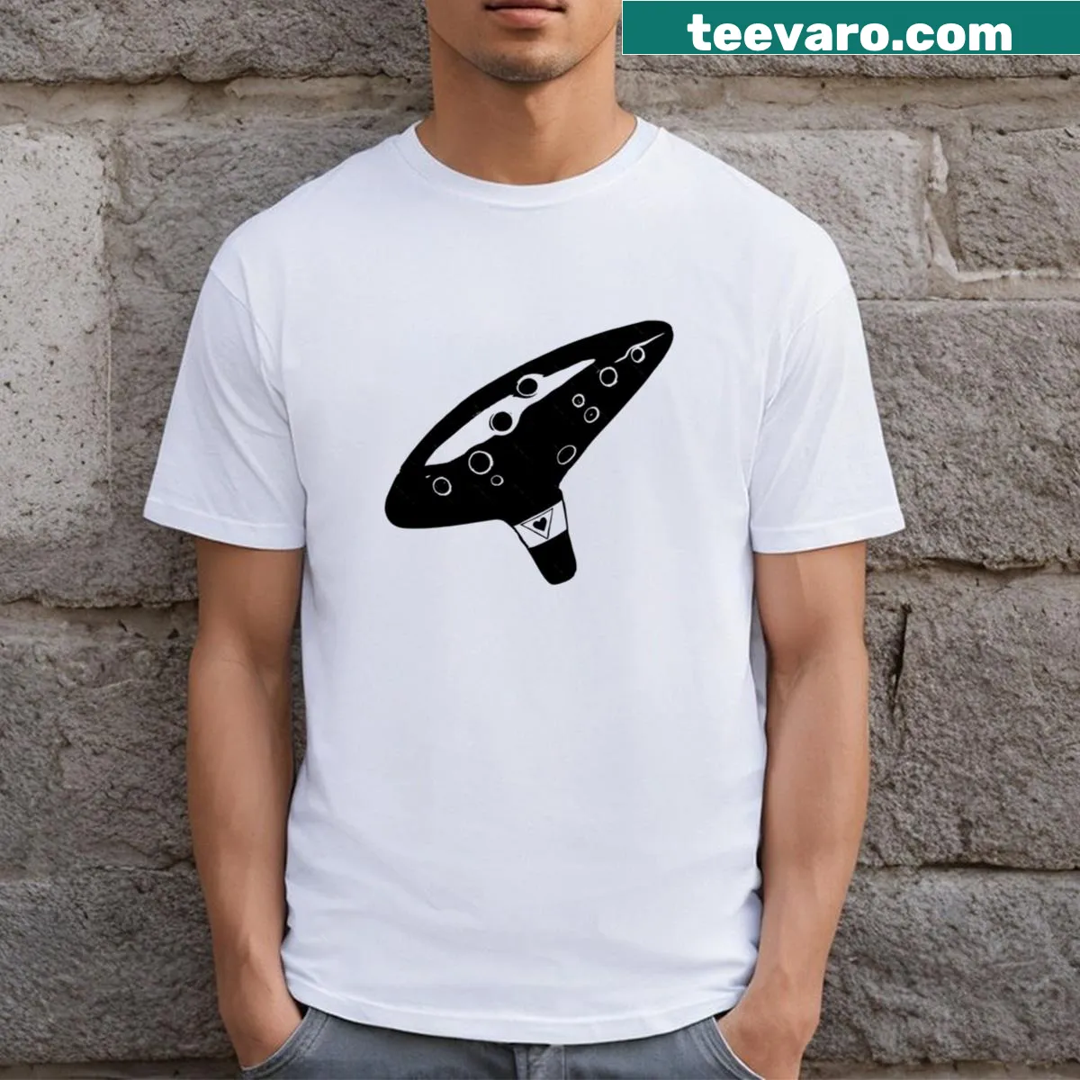 Cartoon ocarina design celebrating music on a t-shirt — on a men's t-shirt